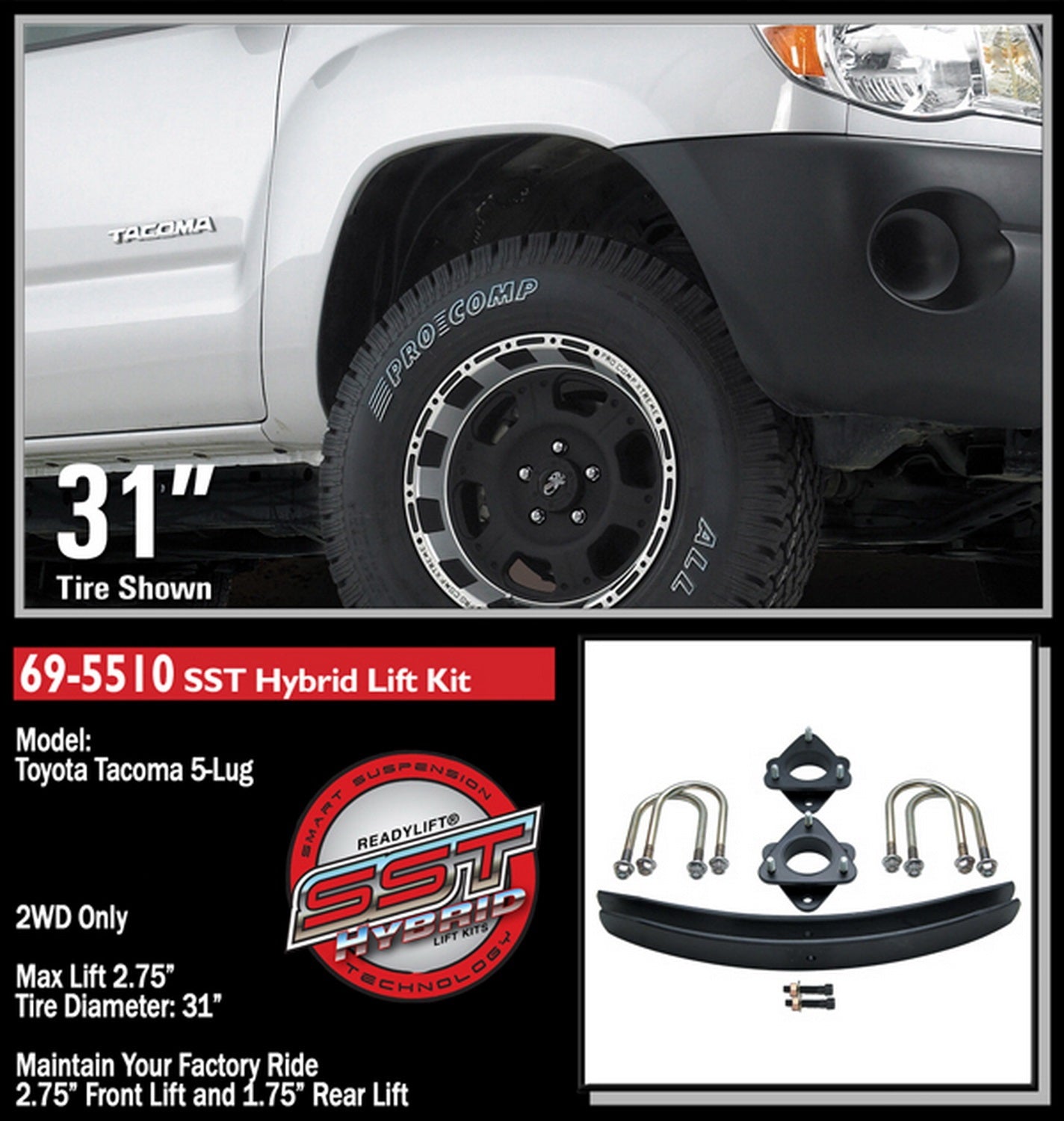 ReadyLift 2.75" SST Lift Kit for Toyota Tacoma 5-lug 2WD 2005-2018 -2
