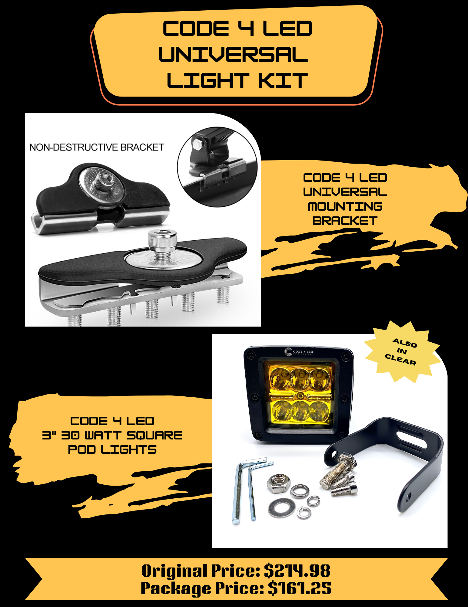 Universal Light Kits - Clear Square 3" 30 Watt Pod Lights -1