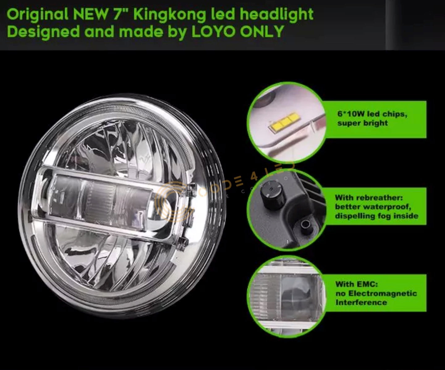 Code 4 LED Supply Kong 7 inch Black Headlight (C4-KONG7-BL) -6