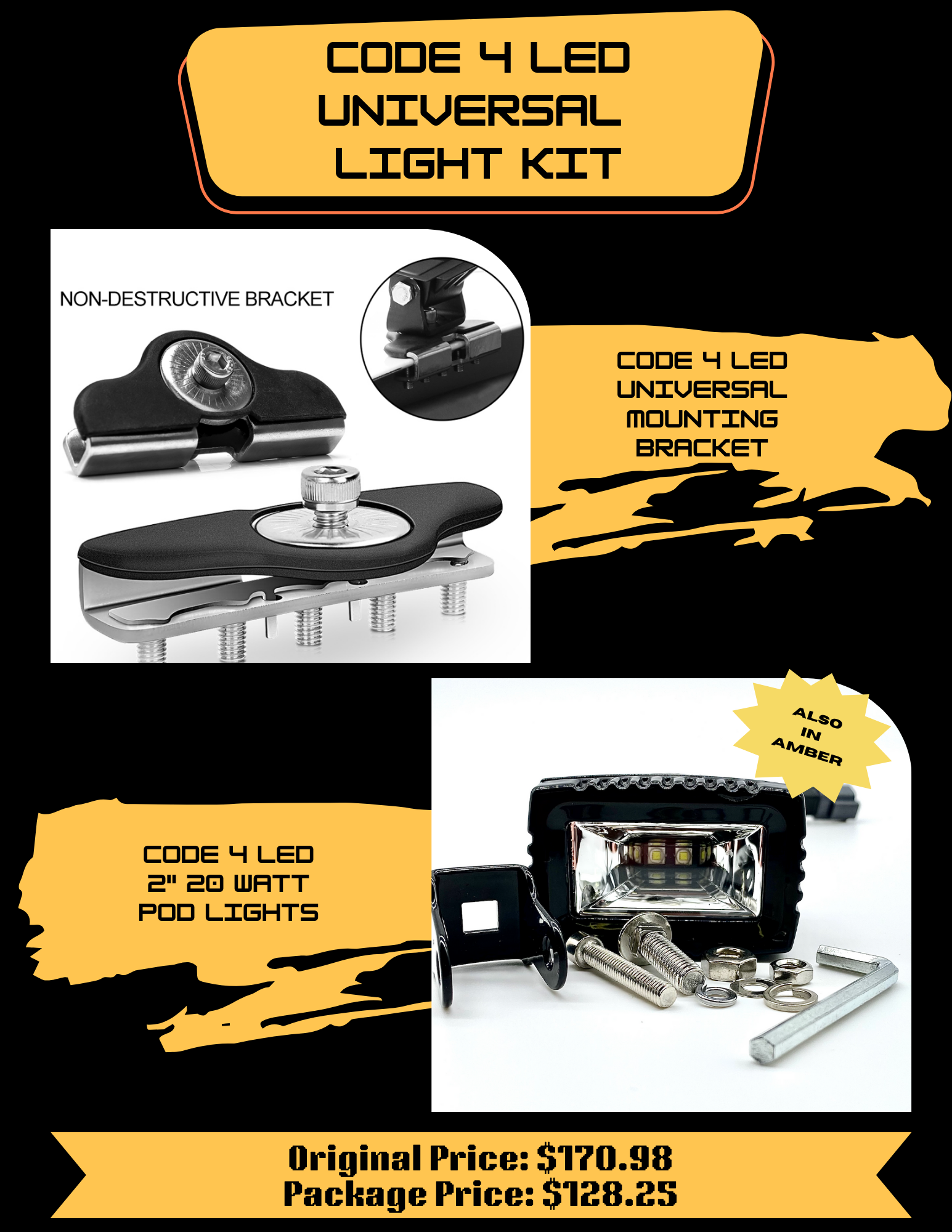 Universal Light Kits - Amber Rectangle 2" 20 Watt Pod Lights -1