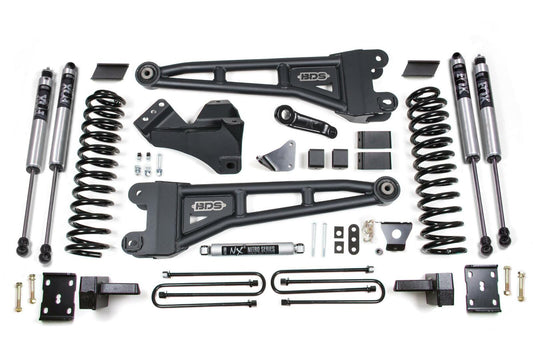 2005-2007 Ford F250/F350 4wd 6" Radius Arm Suspension Lift Kit, 4" Rear Lift, Block, Gas, w/ overload - Fox 2.0 IFP PS