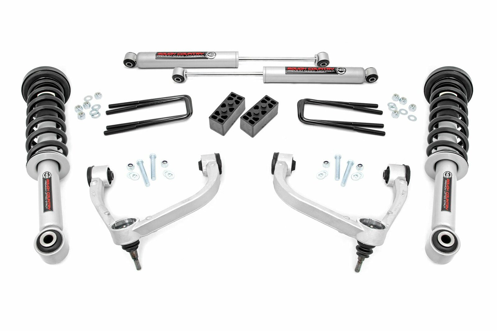 Rough Country 4d F150 3" Lift Kit w/Lifted Struts Upper Ctrl Arms 09-13 4wd -1