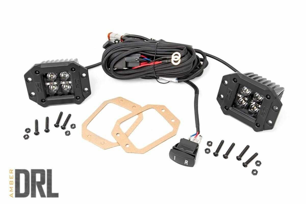 Rough Country 2"Square Flush Mount Cree LED Lights-Pair Black Series Amber DRL 70803BLKDRLA
